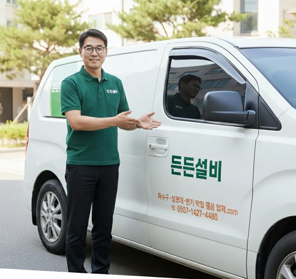든든설비 대표가 트럭 앞에서 신뢰감있게 안내하는 모습